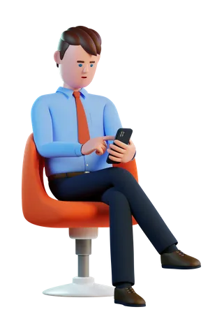 Man sits in a chair with smartphone in his hands  3D Illustration