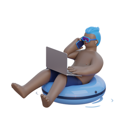 Man Sits on Buoy with laptop  3D Illustration