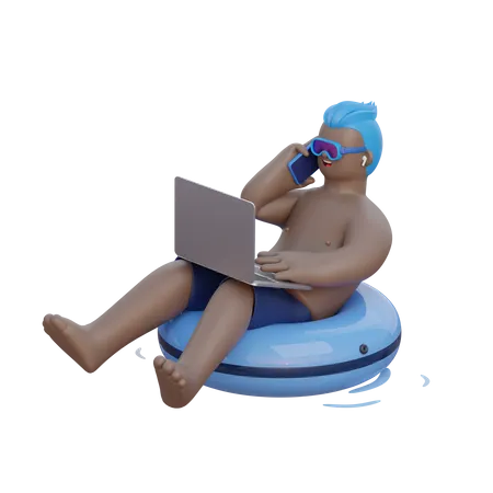 Man Sits on Buoy with laptop  3D Illustration