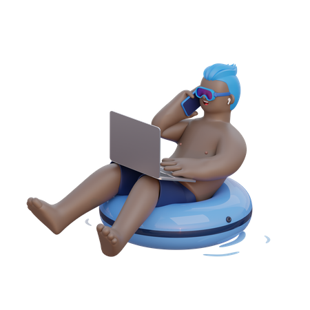 Man Sits on Buoy with laptop 3D Illustration