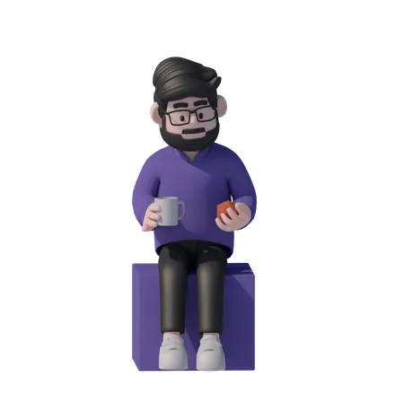 Man Sits On The Cube And Drink Coffee  3D Icon