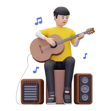 A Man Sits While Playing An Acoustic Guitar 3D Illustration