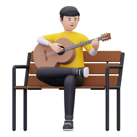 A Man Sits While Playing An Acoustic Guitar 3D Illustration
