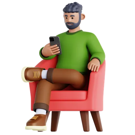 Man Sitting and Using Phone  3D Icon