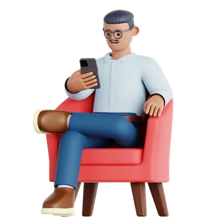 Man Sitting and Using Phone  3D Illustration