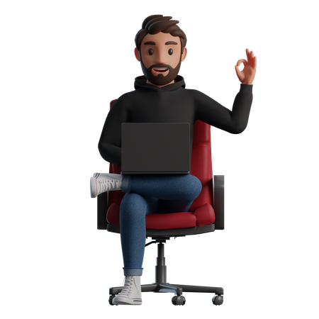 Man sitting in a chair with a laptop shows the OK sign  3D Icon