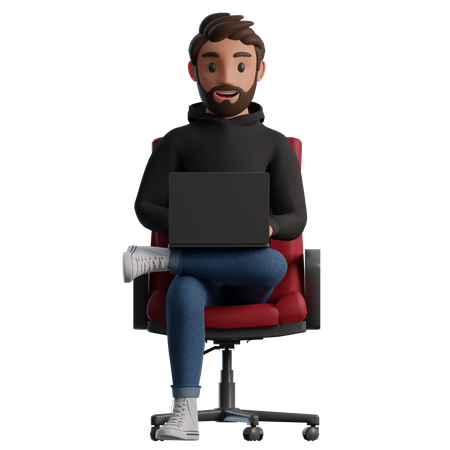 Man sitting in a chair with a laptop and smiling  3D Illustration