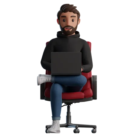 Man sitting in a chair with a laptop and smiling  3D Illustration