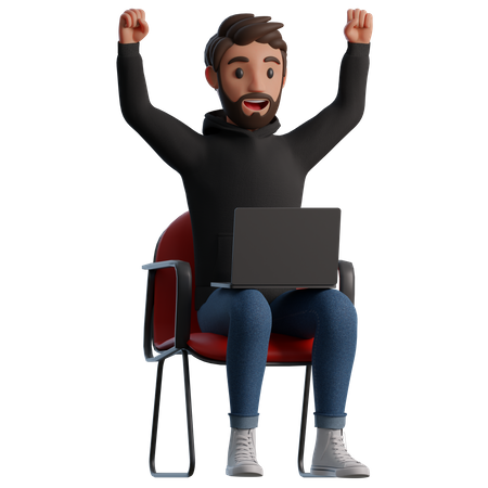 Man sitting in a chair with a laptop is happy  3D Illustration