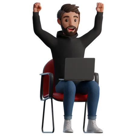 Man sitting in a chair with a laptop is happy  3D Illustration