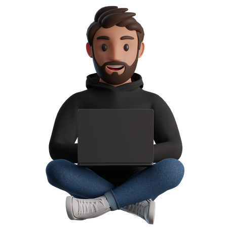 Man sitting in a lotus position with a laptop computer 3D Illustration
