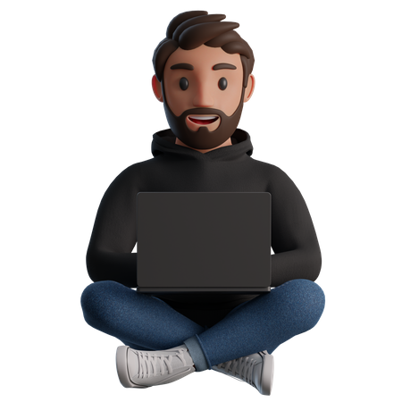 Man sitting in a lotus position with a laptop computer  3D Illustration