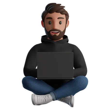 Man sitting in a lotus position with a laptop computer  3D Illustration