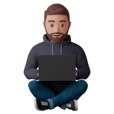 Man sitting in a lotus position with a laptop computer  3D Illustration