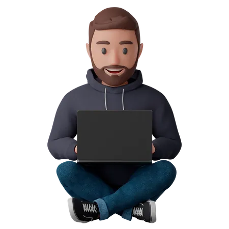 Man sitting in a lotus position with a laptop computer  3D Illustration