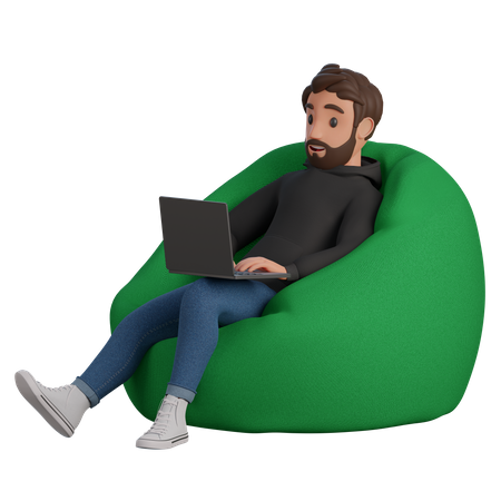 Man sitting in a padded stool with a laptop and smiling  3D Icon