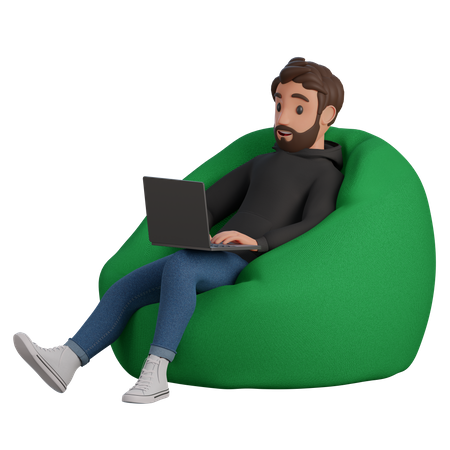 Man sitting in a padded stool with a laptop and smiling  3D Illustration