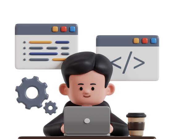 Man Sitting In Front Of A Computer Developing A Program  3D Icon
