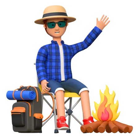 Backpacker Sitting In Front Of Bonfire While Camping 3 D Cartoon Character Illustration 3D Illustration