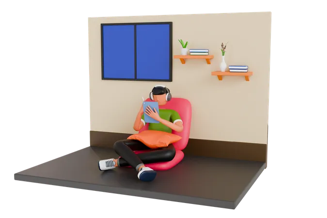 椅子に座ってタブレット PC を使用する男性。在宅勤務のフリーランサーの 3 D イラスト 3D Illustration