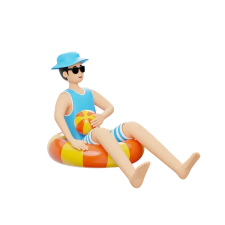 Man Sitting On A Floating Tube On The Beach  3D Illustration