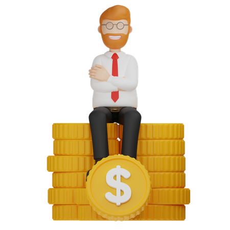 Man Sitting On A Stack Of Gold Coin  3D Illustration