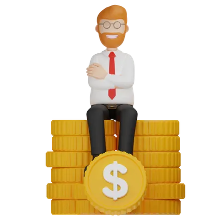 3 D Character Man Sitting On A Stack Of Gold Coin 3D Illustration
