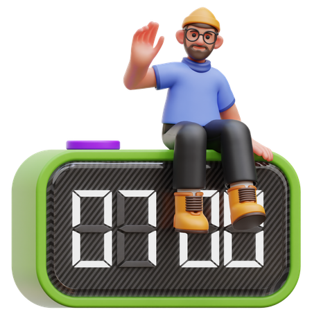 Man Sitting On Alarm Clock  3D Illustration
