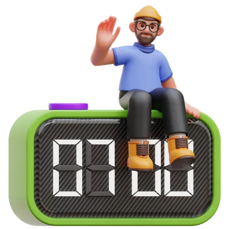 Man Sitting On Alarm Clock  3D Illustration