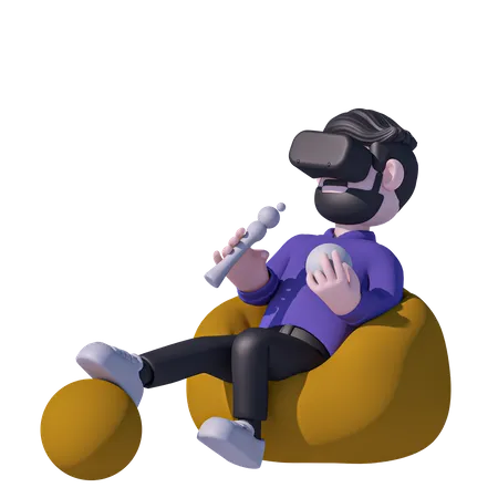 Man Sitting On Bean Bag And Game Vr Glass  3D Icon