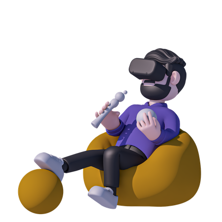 Man Sitting On Bean Bag And Game Vr Glass  3D Icon