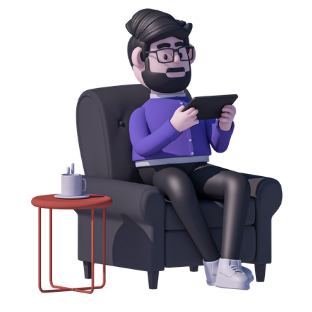 Man Sitting On Chair And Watch Tablet  3D Icon