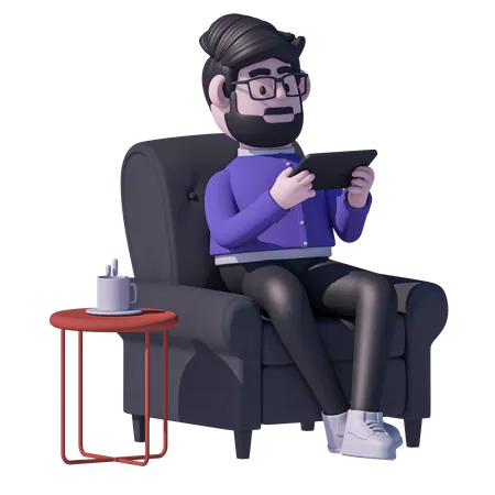 Man Sitting On Chair And Watch Tablet  3D Icon