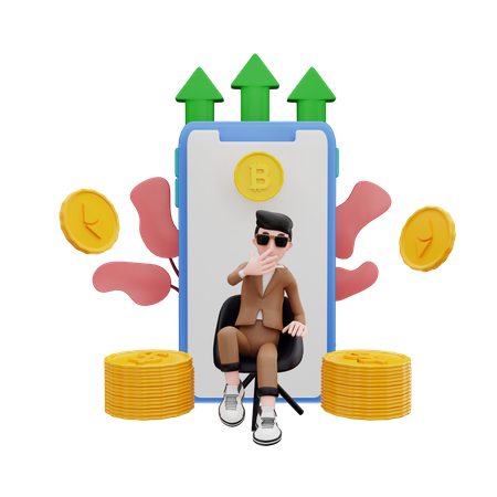 Man sitting on chair with crypto currency grow up  3D Icon