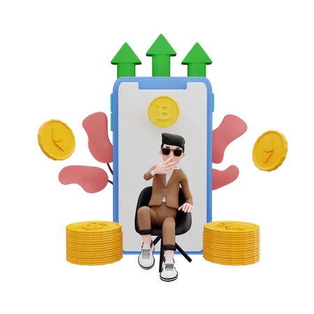 Man sitting on chair with crypto currency grow up  3D Illustration