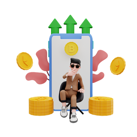 Man sitting on chair with crypto currency grow up  3D Illustration