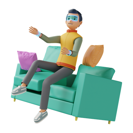 Man sitting on couch and experiencing virtual technology  3D Illustration