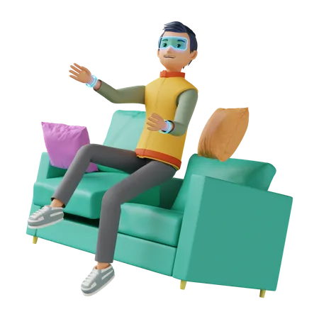 Man sitting on couch and experiencing virtual technology  3D Illustration