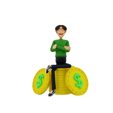 Man sitting on dollar coin  3D Illustration