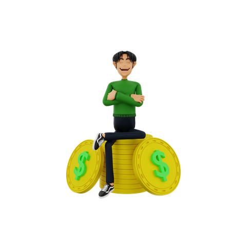 Man sitting on dollar coin 3D Illustration