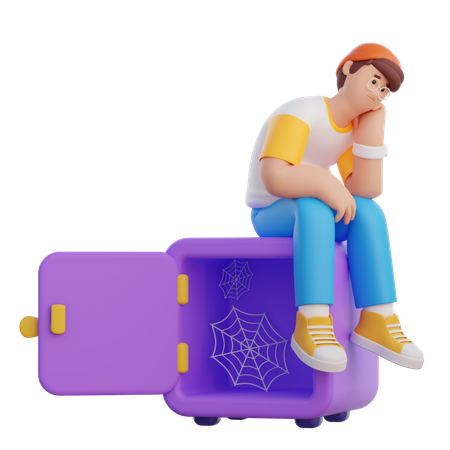 Man Sitting On Empty Safe  3D Illustration