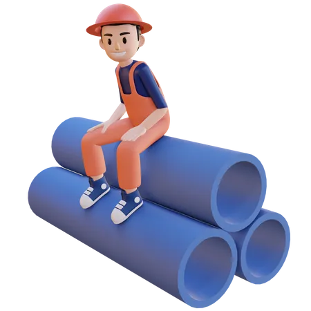 Man sitting on pipe  3D Illustration