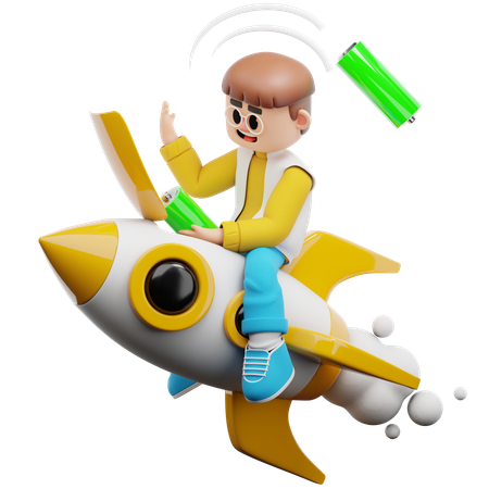 Man Sitting On Rocket On Changes Battery  3D Illustration