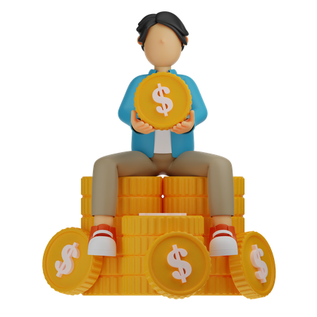 Man Sitting on stack of gold coin  3D Illustration