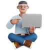 Man Sitting on the Floor with Pointing to laptop