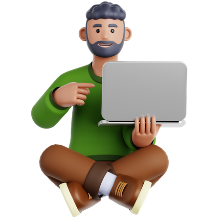 Man Sitting on the Floor with Pointing to laptop  3D Illustration