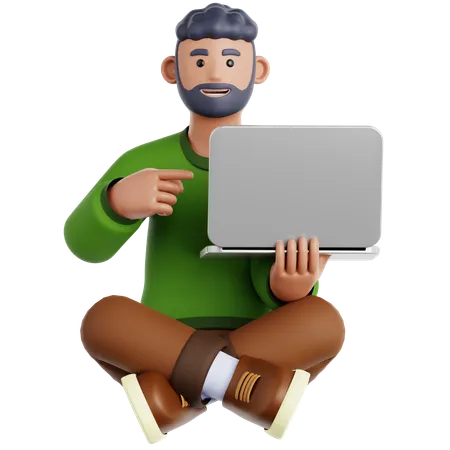 Man Sitting on the Floor with Pointing to laptop  3D Illustration