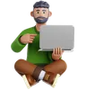 Man Sitting on the Floor with Pointing to laptop