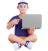 Man Sitting on the Floor with Pointing to laptop