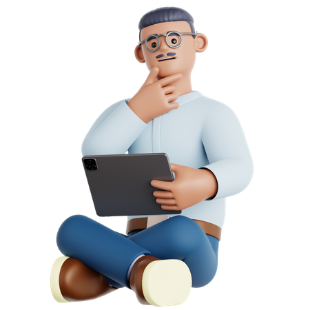 Man Sitting with a Tought and Holding Tablet  3D Illustration